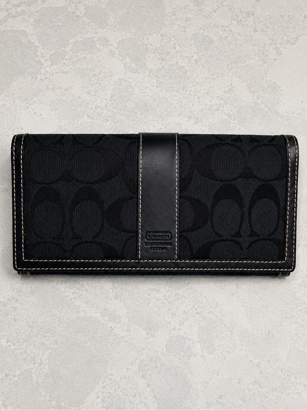 Coach Signature Trifold Wallet Black Jacquard Leather Checkbook Organizer